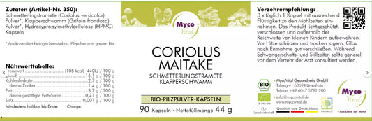 MycoVital BIO Vitalpilz CORIOLUS-MAITAKE Bio- Pilzpulver 489 mg- 90 Kapseln