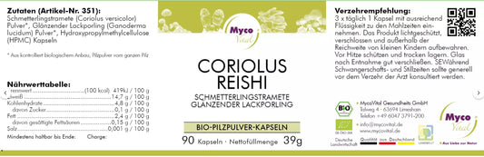MycoVital BIO Vitalpilz CORIOLUS-REISHI Bio- Pilzpulver 433 mg- 90 Kapseln