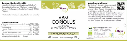 MycoVital BIO Vitalpilz ABM-CORIOLUS Bio- Pilzpulver 589 mg- 90 Kapseln