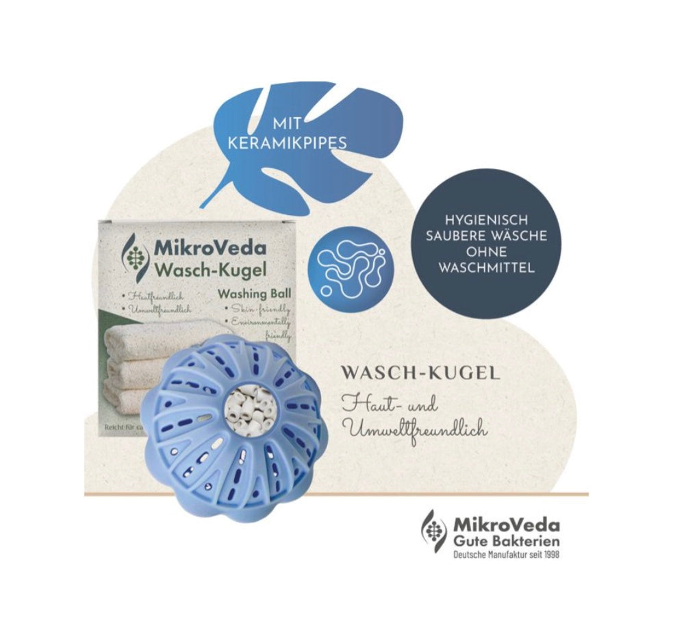 MikroVeda Waschkugel mit Mikroorganismen - KeramikChemiefrei und umweltfreundlich Waschen
MikroVeda Waschkugel mit MikroVeda Keramik-Pipes
Hygienisch saubere Wäsche ohne chemische Waschmittel - und ganz neb