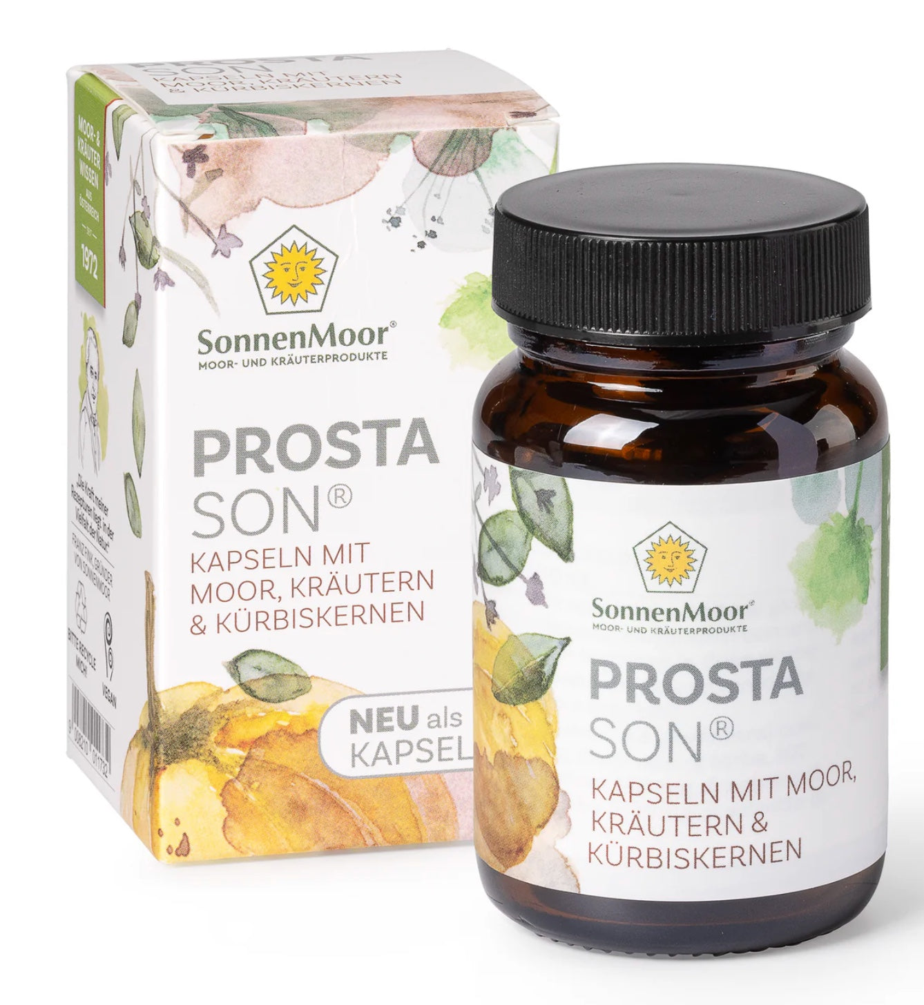 Packung SonnenMoor PROSTAson® mit Kürbiskernextrakt – 30 Kapseln in einer transparenten Verpackung, die auf natürliche Unterstützung für die Prostatafunktion hinweist.