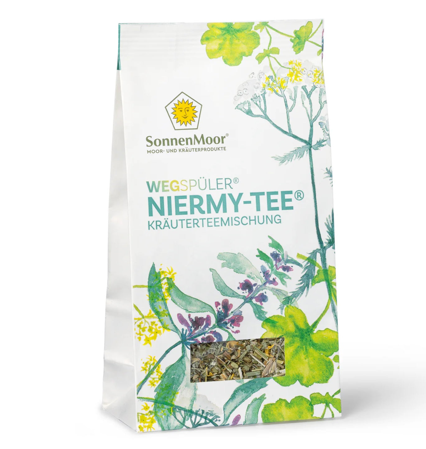 Packung SonnenMoor Niermy Tee – 20 Teebeutel in einer natürlichen Verpackung, die eine Kräutermischung zur Unterstützung der Nierenfunktion und Harnwegsgesundheit zeigt.