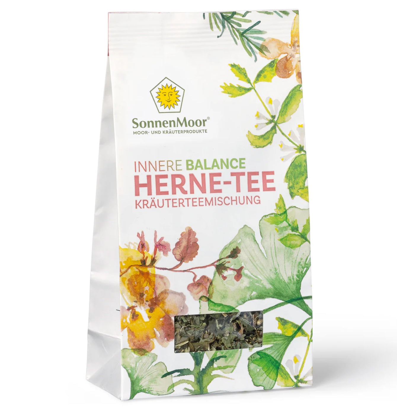Packung SonnenMoor Herne-Tee – 20 Teebeutel in einer umweltfreundlichen Verpackung, die eine Kräutermischung zur Förderung der Nieren- und Harnwegegesundheit zeigt
