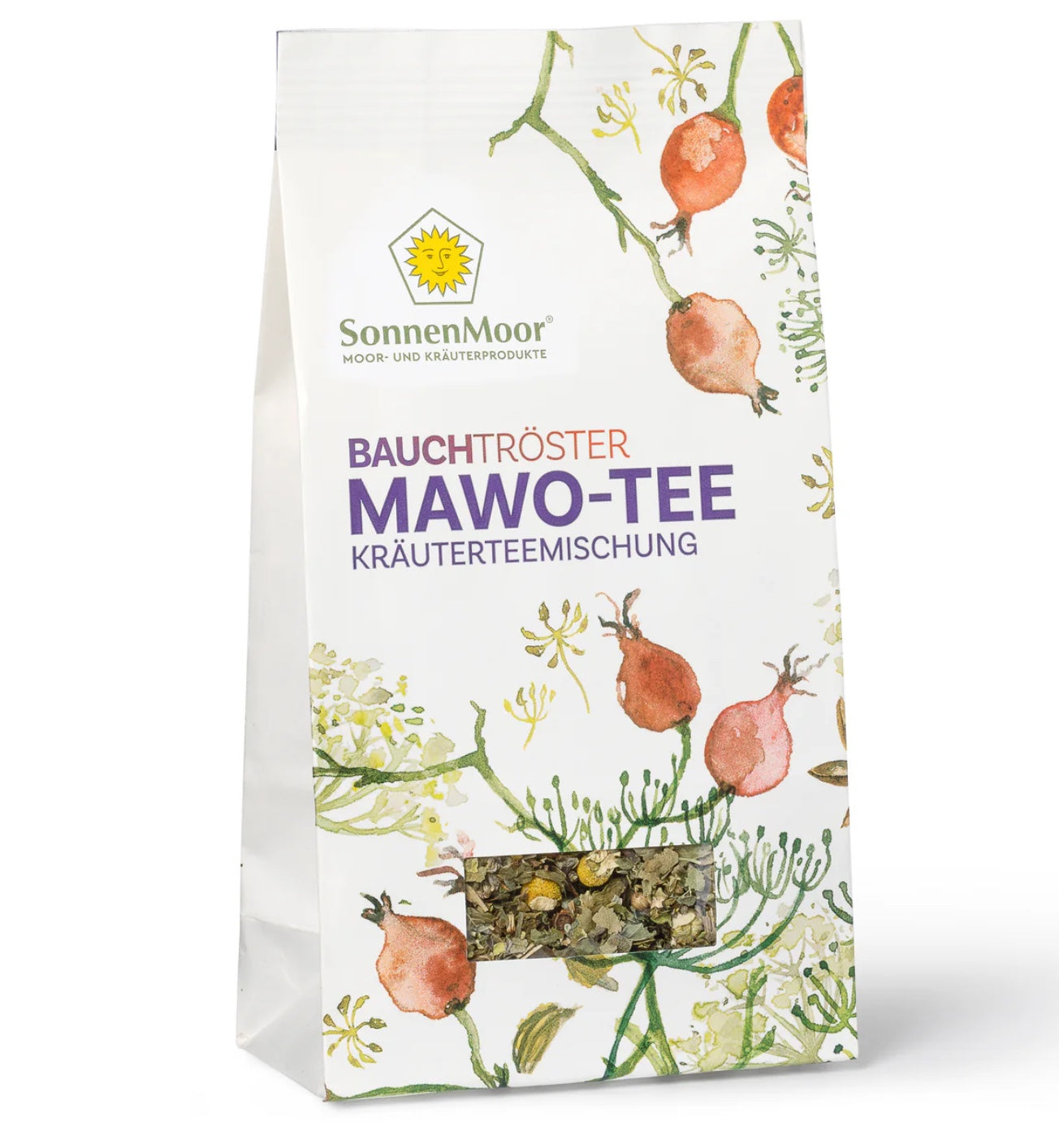 Packung SonnenMoor Mawo Tee – 20 Teebeutel in einer natürlichen Verpackung, die eine Kräutermischung zur Unterstützung der Magen- und Verdauungsgesundheit zeig