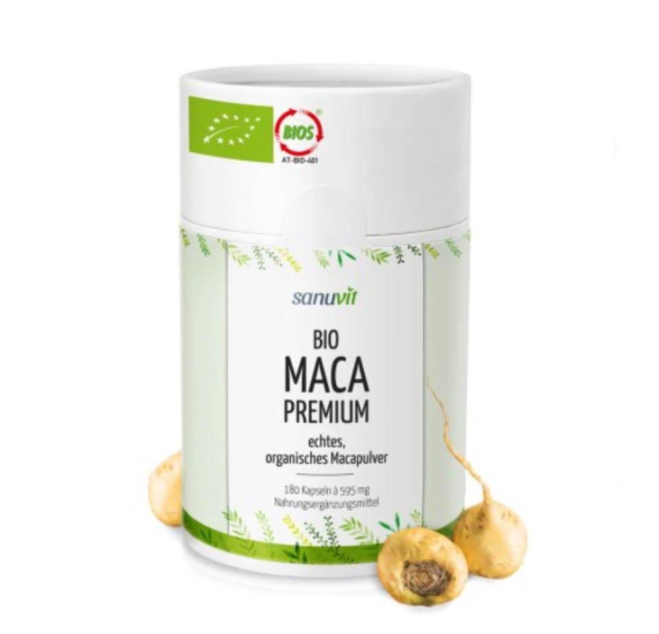 Bio Maca Premium 500 mg capsules, organic supplement in eco-friendly packaging.