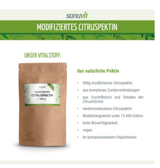 Citruspektin Pulver Ballaststoff - 900 mg - 3 MonatspackungNatürliche Pektine, das heißt unverdauliche Ballaststoffe, finden wir in Lebensmitteln wie Äpfel, Karotten, Kirschen, oder Zitrusfrüchten. Modifiziertes Citruspektin