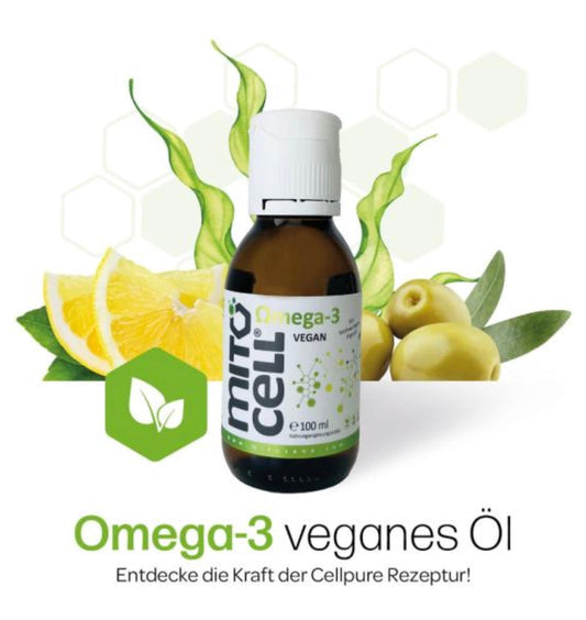 Mitocell Omega 3 Algen Öl-3 vegan - 100mlUnser Mitocell Omega 3 Vegan Öl basiert auf einer einzigartigen Kombination aus hochdosiertem Algenöl, aus der Mikroalge Schizochytrium sp., mit einem extrem hohen G
