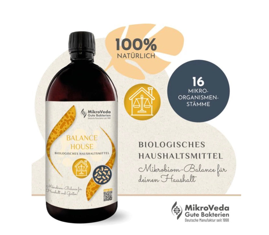 MikroVeda BALANCE HOUSE Bio Hausmittel 1 LiterMikrobiom-Balance für deinen Haushalt
Fein abgestimmter Mikroorganismenkomplex als Haushaltsmittel in Bioqualität.Der natürliche Beitrag zum Aufbau und Pflege dein