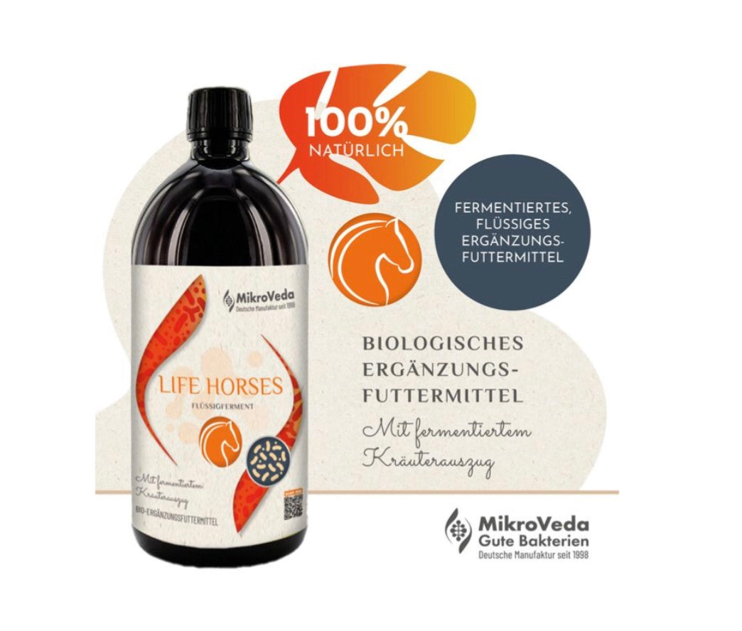 Mikroveda effektive Mikroorganismen für Pferde: Fermentiertes Bio-Ergänzungsfutter fördert die Mikrobiom-Balance. Geeignet für alle Pferderassen.