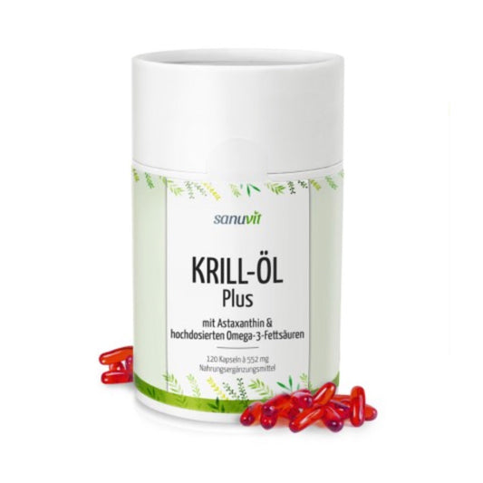 Krill Öl Plus - 100 % pures Superba Krill Öl mit Astaxanthin in einer weißen Dose, 120 rote Kapseln.