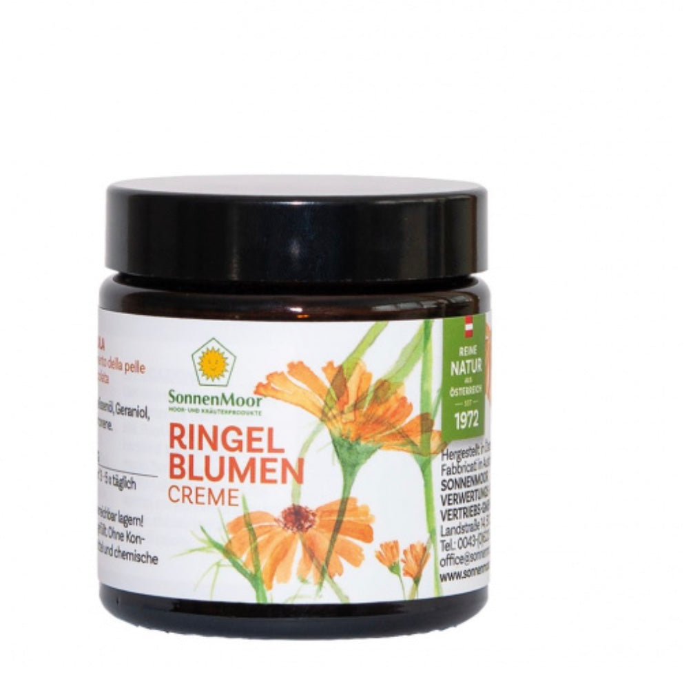 Dose SonnenMoor Ringelblumencreme – 50 ml in einer eleganten Dose, die die natürliche Hautpflege mit Ringelblumenextrakt zur Beruhigung und Pflege empfindlicher Haut zeigt.