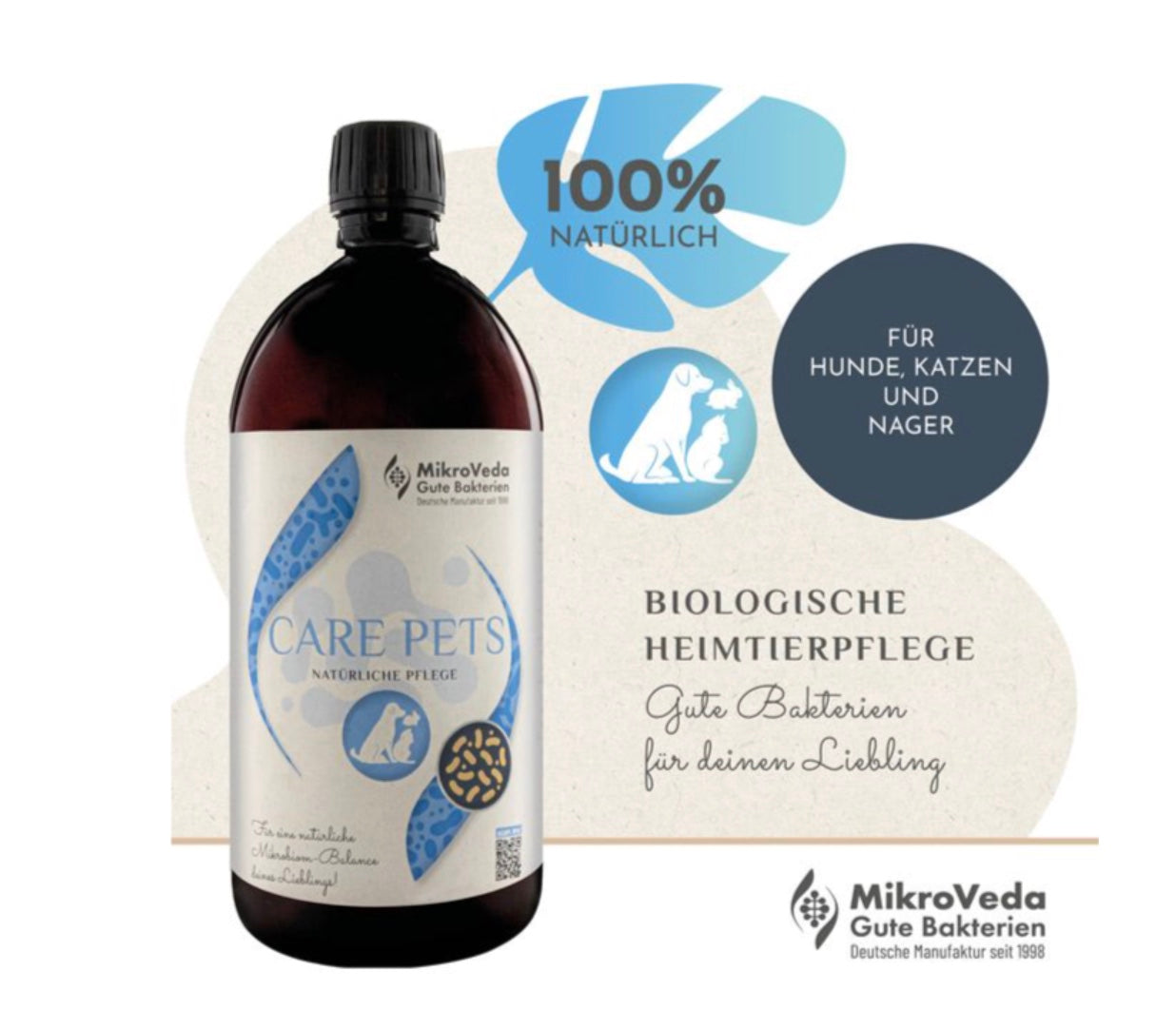MikroVeda CARE PETS biologische Tierpflege 1-Liter-Flasche mit natürlichen Inhaltsstoffen für Hunde, Katzen und Nager