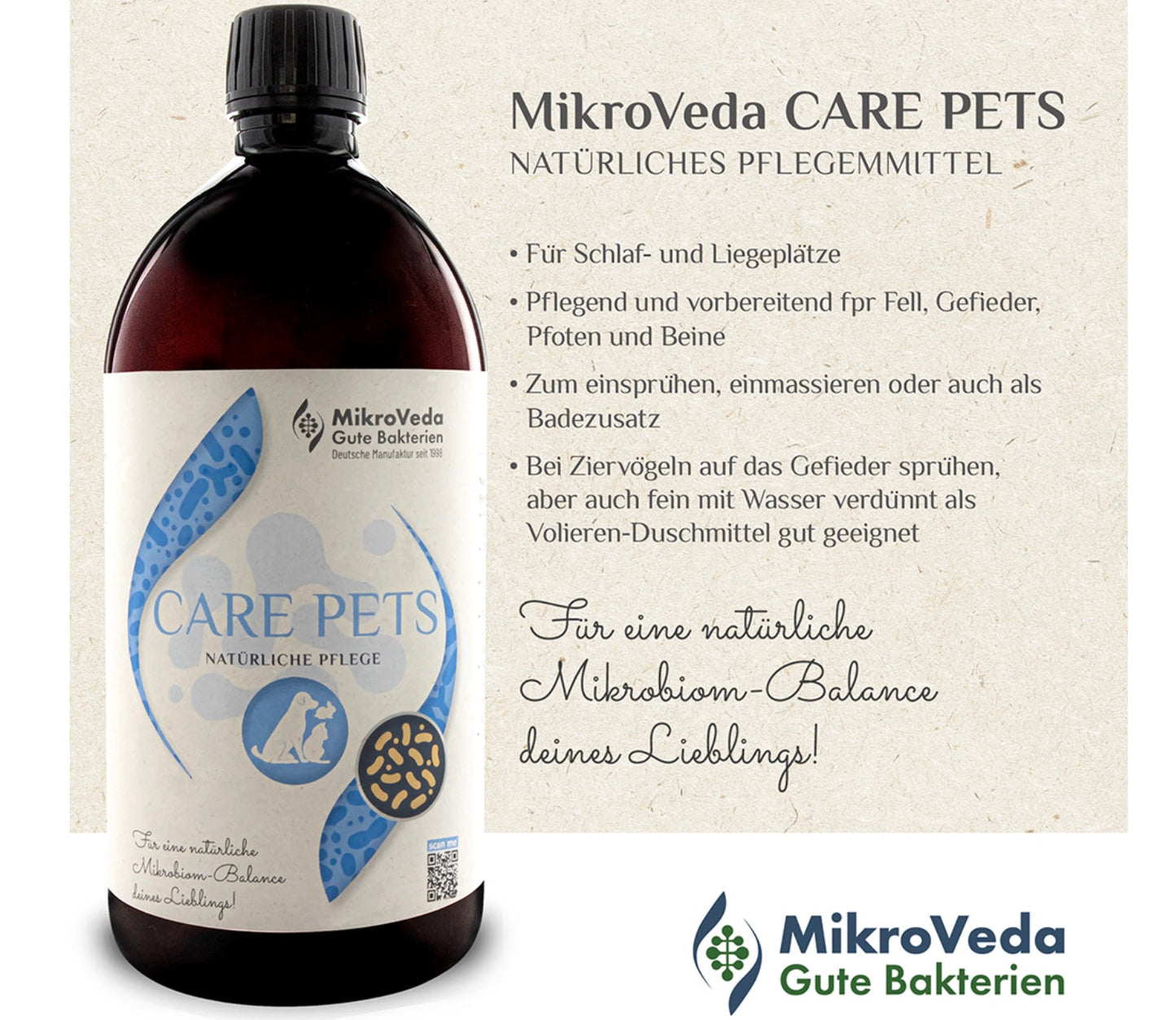 MikroVeda CARE PETS Bio-Tierpflegemittel, 1-Liter-Flasche, für Hunde, Katzen, Vögel und Reptilien