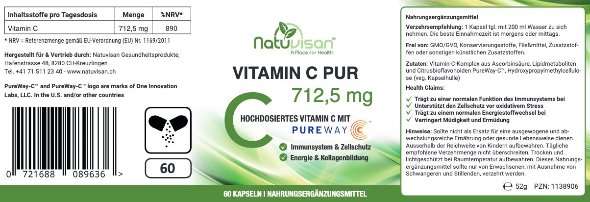 VITAMIN C PUR PureWay-C® – Premium Qualität hochdosiert 712,5 mg - 60 Kapseln