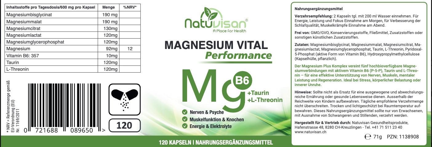 Magnesium Komplex Vital Performance PLUS Taurin, L-Threonin und B6 - 120 Kapseln