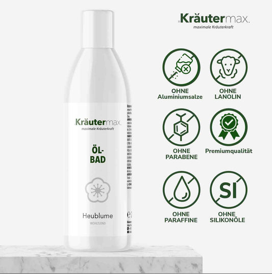 Kräutermax Heublumen Öl Bad - 250 mlEntdecken Sie das Kräutermax Heublumen Öl Bad – ein luxuriöses Erlebnis für Körper und Geist, das Ihre Sinne verzaubert und Ihnen gleichzeitig zahlreiche Vorteile bi
