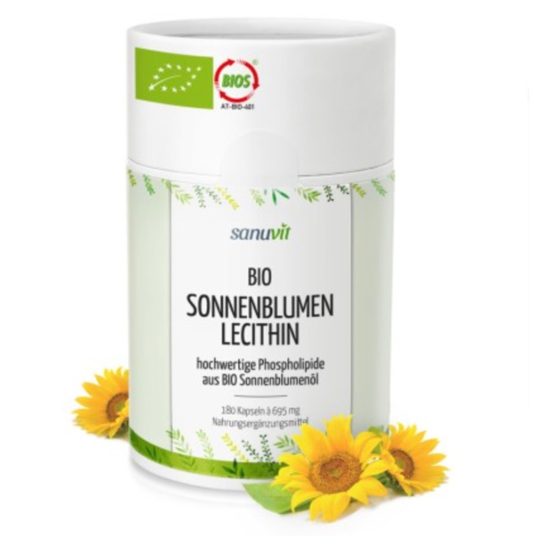Sonnenblumenlecithin BIO mit Phospholipide 1200 mg - 180 KapselnDie Lecithin Kapseln enthalten hochwertige Phospholipide aus BIO Sonnenblumenöl. Lecithine sind ein wichtiger Bestandteil aller Zellmembranen und besonders reichhalt