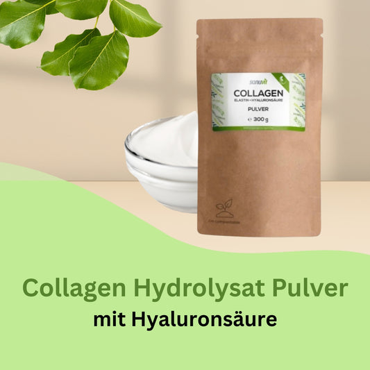 Collagen Pulver aus Rind – neutrale Geschmacksnote, Kombination aus hydrolysierten Collagenpeptiden, Hyaluronsäure und Vitamin C für gesunde Haut, Bindegewebe und Vitalität.