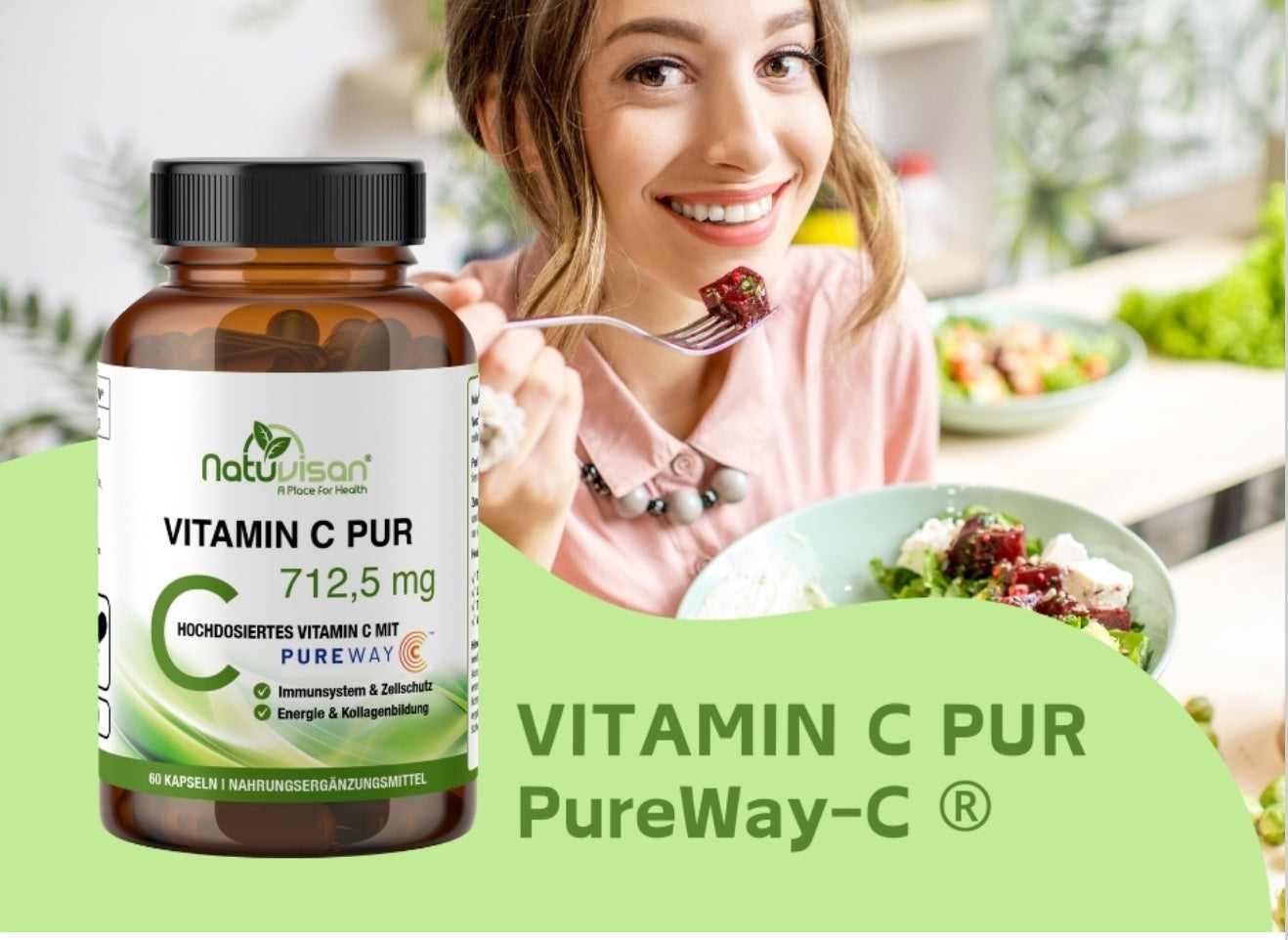 Dose Natuvisan Vitamin C PureWay 712,5 mg – hochwertige Vitamin-C-Kapseln für optimale Bioverfügbarkeit und Immunsystem-Unterstützung.