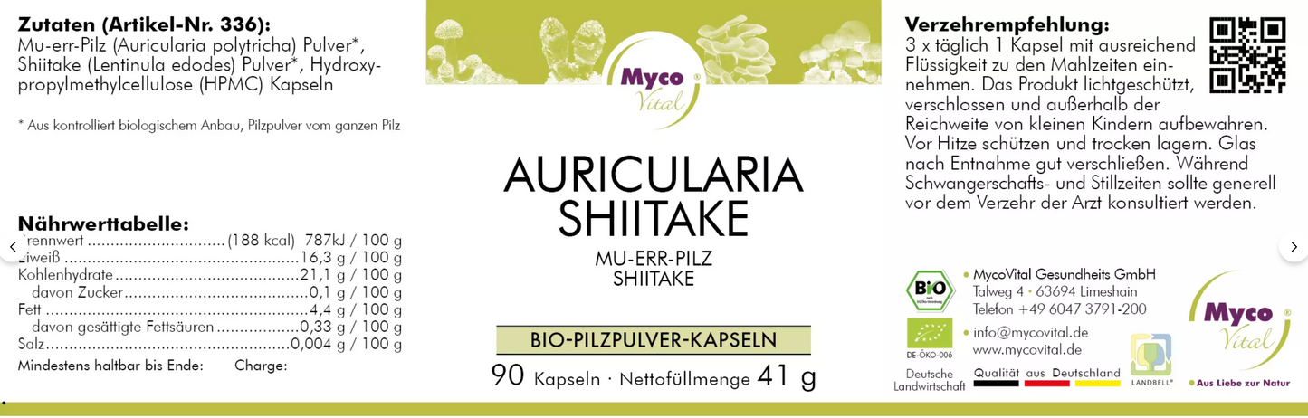 Bio-Vitalpilz Kapseln aus Auricularia polytricha und Lentinula edodes, schonend verarbeitet in Deutschland