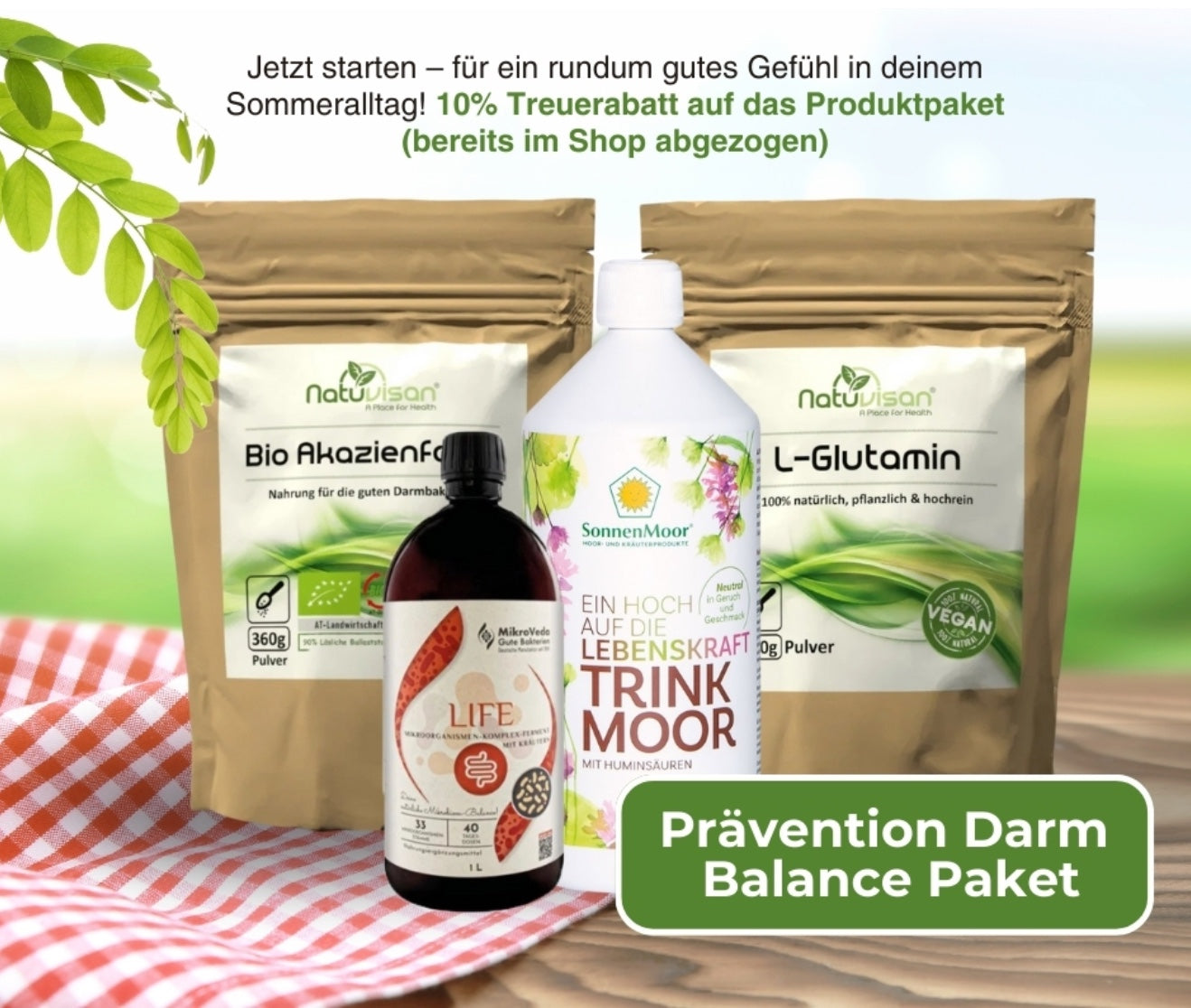 NATUVISAN Darm-Komplettset: Eine harmonische Zusammenstellung natürlicher Pflegeprodukte zur Unterstützung deiner Darmflora und Darmschleimhaut – präsentiert in freundlichem, naturinspiriertem Design.