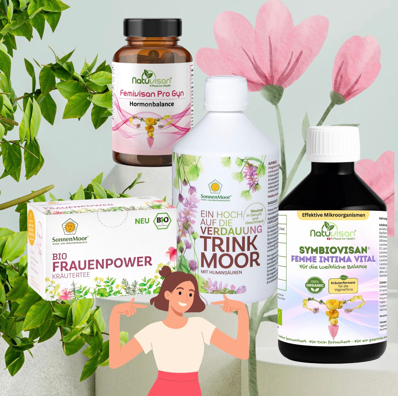 NATUVISAN Femme Balance Concept – natürliche Kombination aus Mikroorganismen, Vitaminen & Kräutern für weibliche Balance und Darmharmonie.
