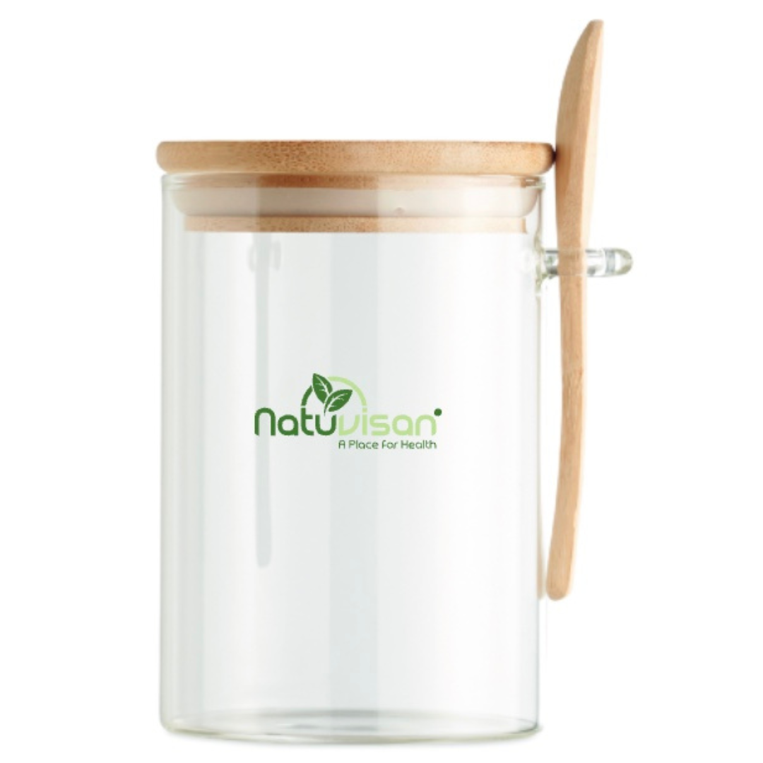 NATUVISAN Aufbewahrungsglas mit Deckel und Löffel aus Bambus - 600 gDieses wunderschöne Aufbewahrungsglas von NATUVISAN ist nicht nur ein Blickfang in jeder Küche, sondern auch die perfekte Lösung zur sicheren und hygienischen Lageru