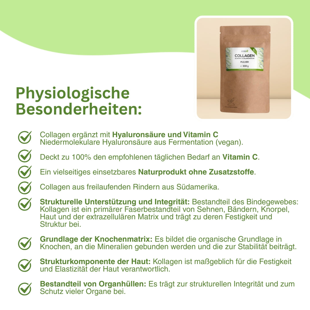 Collagen Pulver aus Rind – effektiver Komplex aus Collagenpeptiden, Hyaluronsäure und Vitamin C, stärkt Bindegewebe, Haut, Knochen und sorgt für frische Ausstrahlung.