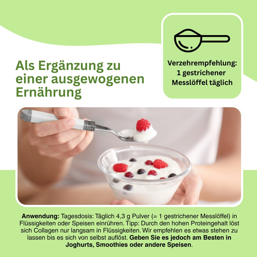 Natürliches Collagen Pulver von grasgefütterten Rindern – mit niedermolekularer Hyaluronsäure und Vitamin C, unterstützt Hautelastizität, Hydration und die Kollagenbildung.