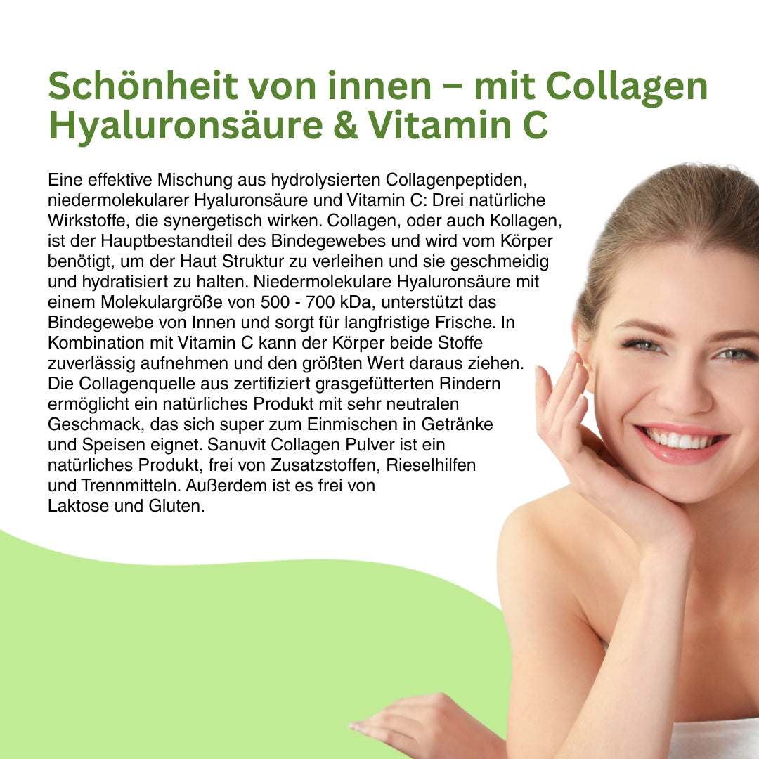 Collagen Pulver – frei von Laktose, Gluten und Zusatzstoffen, mit neutralem Geschmack, ideal zum Einmischen in Getränke, unterstützt Hautstraffheit und Zellgesundheit.