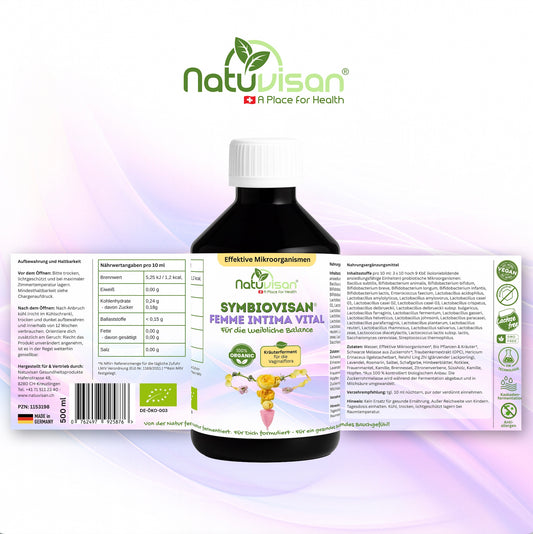 NATUVISAN Symbiovisan® Femme Intima Vital – Ferment mit Mikroorganismen, Rotklee, Frauenmantel & Hopfen zur Unterstützung der Vaginalflora & des Östroboloms.