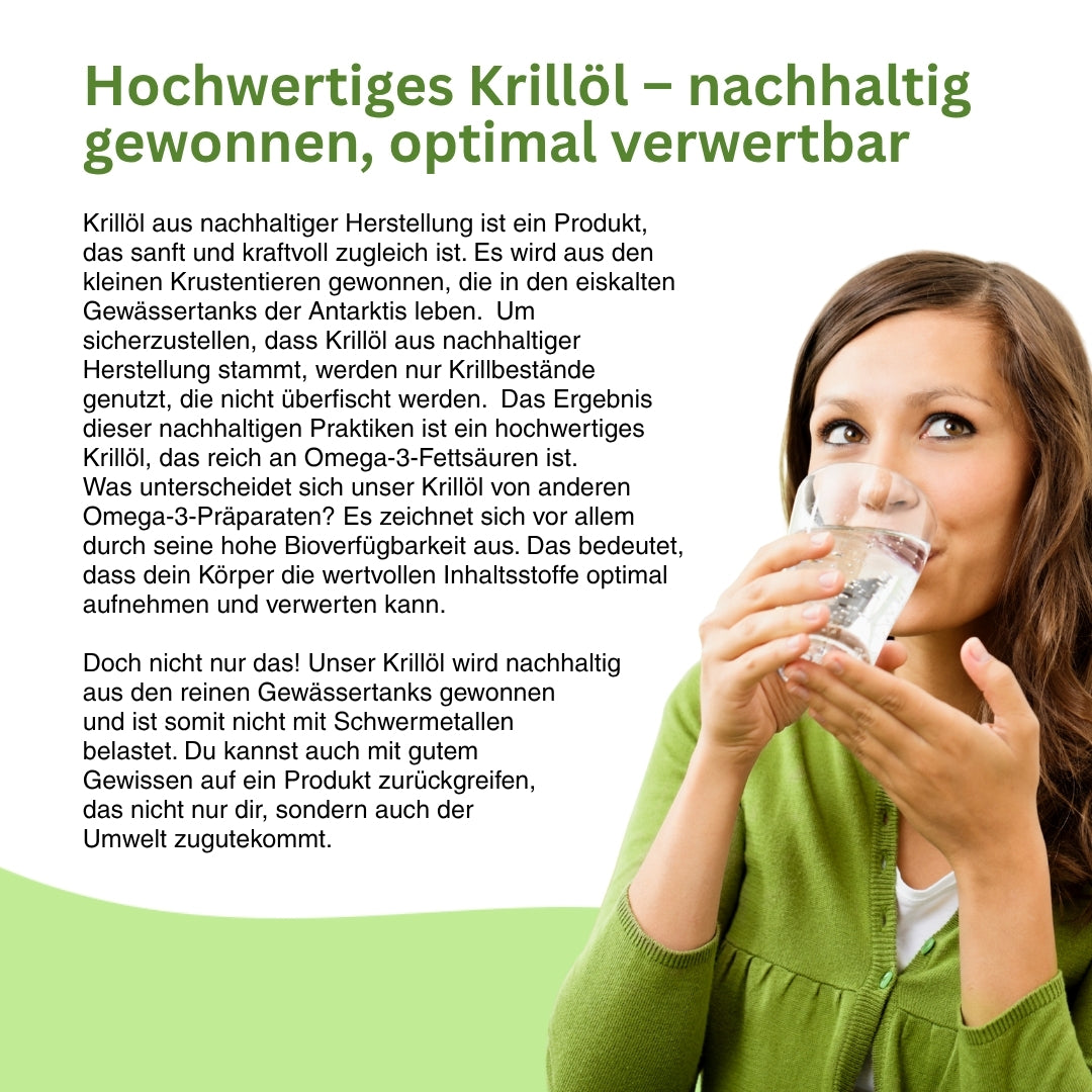 Krillöl Nahrungsergänzung – nachhaltiges Öl aus antarktischem Krill, reich an EPA, DHA und Antioxidantien, unterstützt Herzgesundheit, Gedächtnisleistung und Zellschutz.