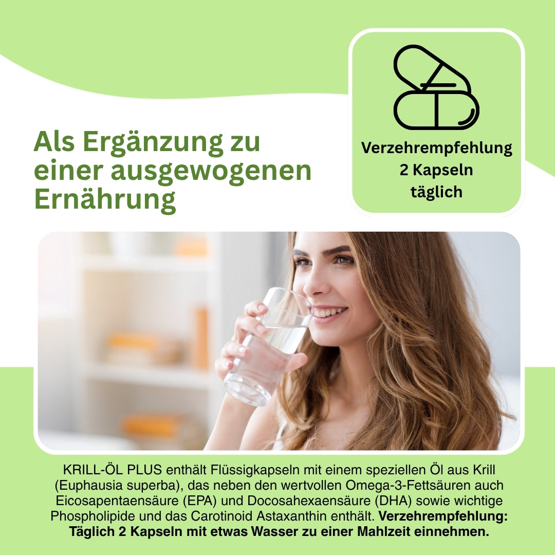 Krillöl Kapseln – hoch bioverfügbares Omega-3 in Phospholipid-Form, kombiniert mit Astaxanthin, stärkt Zellmembranen, Gehirnfunktion, Augen und das Immunsystem.
