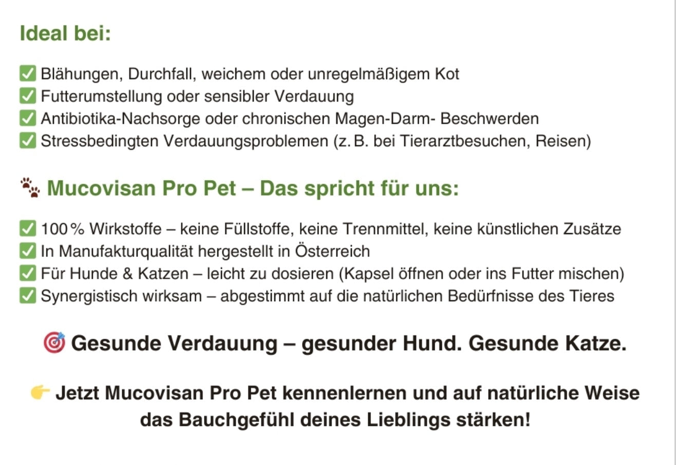 Natuvisan Mucovisan Pro Pet Kapseln, ansprechend präsentiert, zur gezielten Unterstützung des Verdauungssystems und zur Steigerung des Wohlbefindens deines Haustiers.