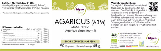 Natuvisan Myco Vital BIO Vitalpilz Agaricus Blazei Murrill Mandelpilz (ABM) Etikett