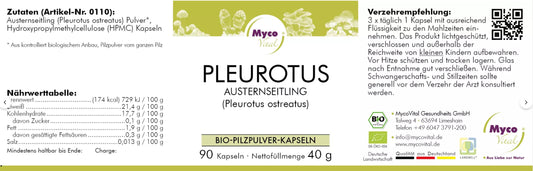 Natuvisan Myco Vital BIO Vitalpilz PLEUROTUS Austernseitling 444 mg Etikett