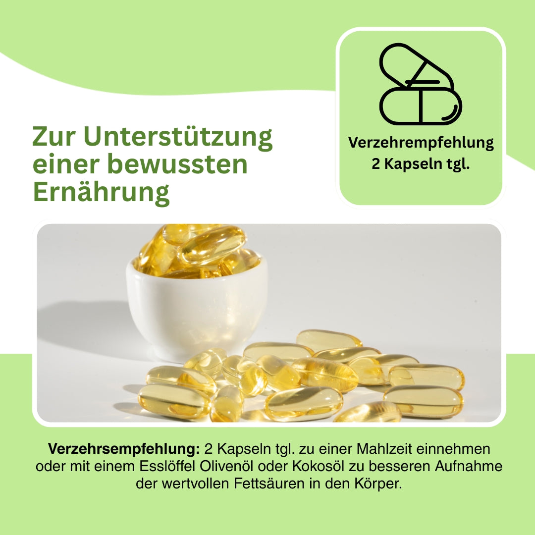 Infografik zu den entzündungsmodulierenden Eigenschaften von EPA und DHA aus Fischöl: EPA ist Vorstufe entzündungshemmender Eicosanoide wie Prostaglandin E3 und Leukotrien B5. DHA wird zu Resolvinen und Protectinen umgewandelt, die aktiv zur Beendigung chronischer Entzündungsprozesse beitragen. Ideal zur unterstützenden Behandlung bei stillen Entzündungen, z. B. im Darm (Leaky Gut), Herz-Kreislauf-System oder Gelenken.