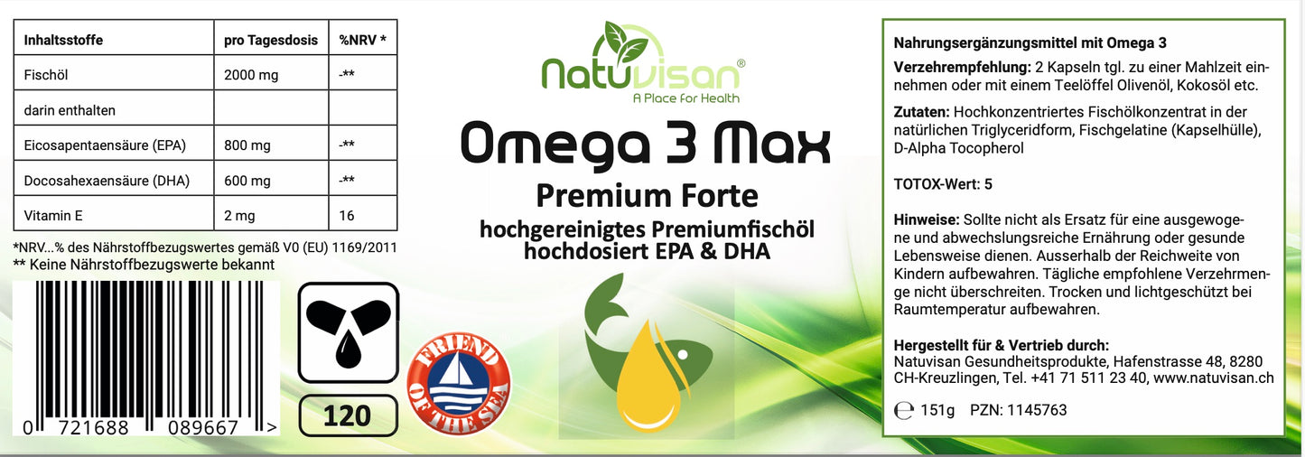 Etikett einer Omega-3-Fischöl-Weichkapsel-Dose – Hochreines Fischöl mit EPA und DHA, zur Unterstützung von Herz, Gehirn und Immunfunktion. 110 Kapseln.