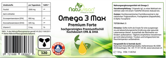 Etikett einer Omega-3-Fischöl-Weichkapsel-Dose – Hochreines Fischöl mit EPA und DHA, zur Unterstützung von Herz, Gehirn und Immunfunktion. 110 Kapseln.