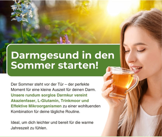 Produktpaket NATUVISAN mit natürlichen Darmpflege-Produkten, dekoriert mit frischen grünen Blättern und Kräutern, ideal für deine Darmgesundheit und mehr Wohlbefindens.