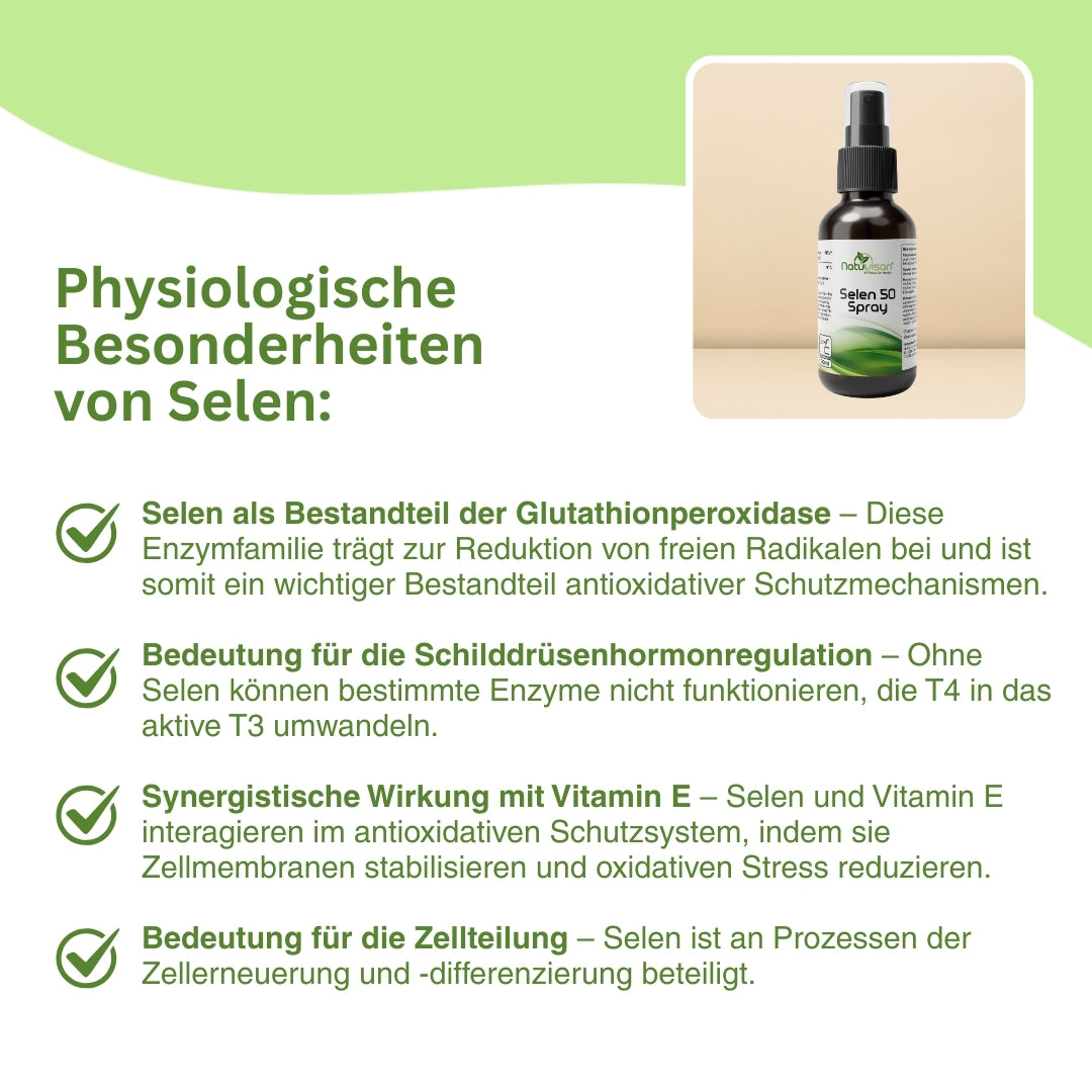 Natuvisan Selen Spray – 50 Mikrogramm pro Sprühstoß, vegan & alkoholfrei, unterstützt antioxidativen Zellschutz und Enzymfunktionen