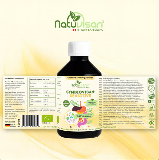 NATUVISAN Symbiovisan® Sensitive – Flüssigferment mit 33+ aktiven Bakterienstämmen, Holunderblüte, Kamille & Salbei zur Unterstützung der Darmbalance.