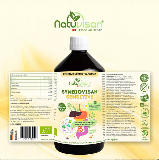 NATUVISAN Symbiovisan® Sensitive 1000 ml – Flüssigferment mit 33+ probiotischen Kulturen und Bio-Kräutern zur Unterstützung des empfindlichen Darms.