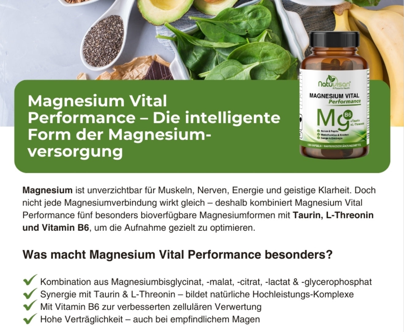 Produktbild der Natuvisan Magnesium Performance 5+2 Kapseln, speziell entwickelt, um Magnesium optimal im Körper zu verteilen und dich bestmöglich zu unterstützen.