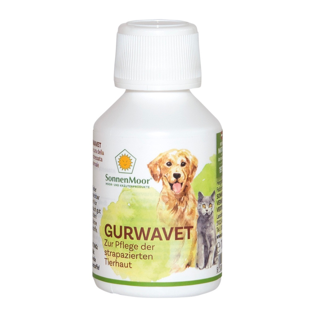 Flasche SonnenMoor Gurwavet Pflege der Tierhaut – 250 ml in einer praktischen Flasche, die speziell entwickelt wurde, um die Haut von Tieren zu pflegen und zu beruhigen