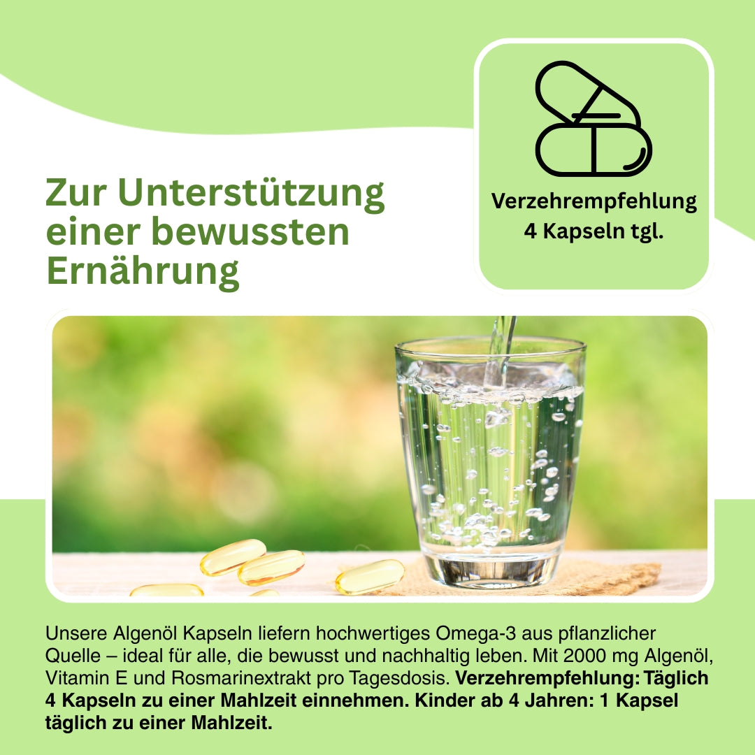 Vegane Omega-3-Kapseln mit hochreinem Algenöl – hochdosiert mit 500 mg DHA + EPA pro Portion, ohne Fischgeschmack und frei von Schadstoffen