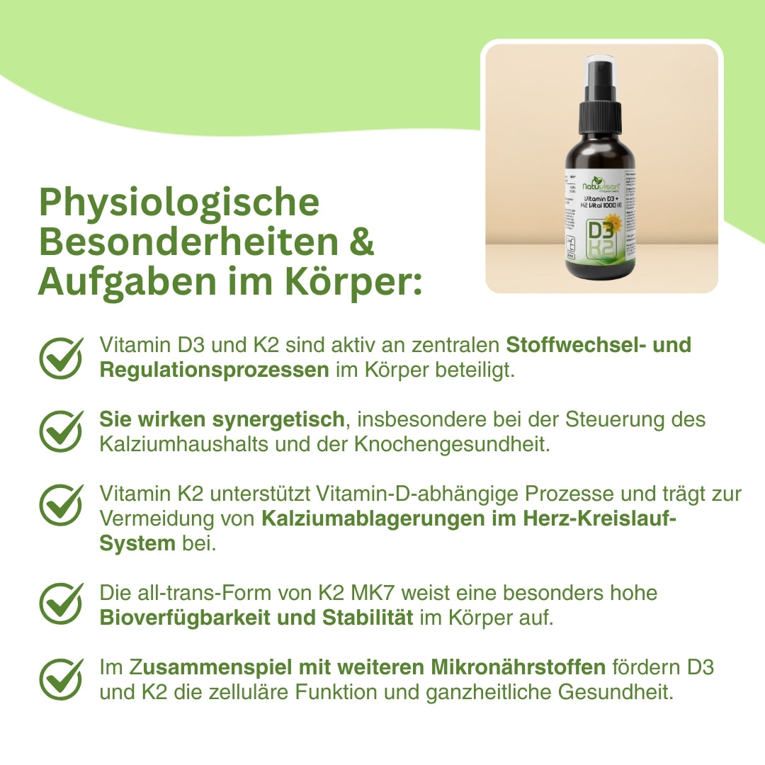 Veganes Vitamin D3 K2 Präparat von Natuvisan – bioaktive Tropfen mit D3 aus Flechten und K2 MK7 all-trans für optimale Aufnahme und Verfügbarkeit