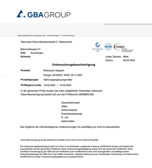 Weihrauch - Boswellia serrata Extrakt Boswellin® 500g - 180 Kapseln. Laboranalyse GBA Group, keine Beanstandung, alle Untersuchungsparameter sind unauffällig.