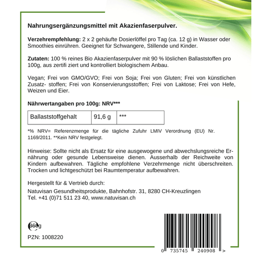 BIO AKAZIENFASER PULVER zertifiziert Fibregum® Fördert das Wachstum guter Darmbakterien.