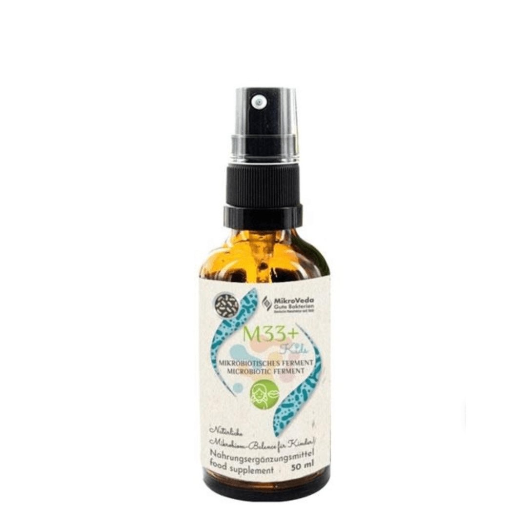 MikroVeda M33 KIDS Mundspray – Flasche mit Sprühkopf, zeigt das Produkt, das das Mundmikrobiom von Kindern unterstützt. Enthält 34 Kulturen, ist bio, vegan und frei von synthetischen Zusätzen, für eine natürliche Pflege